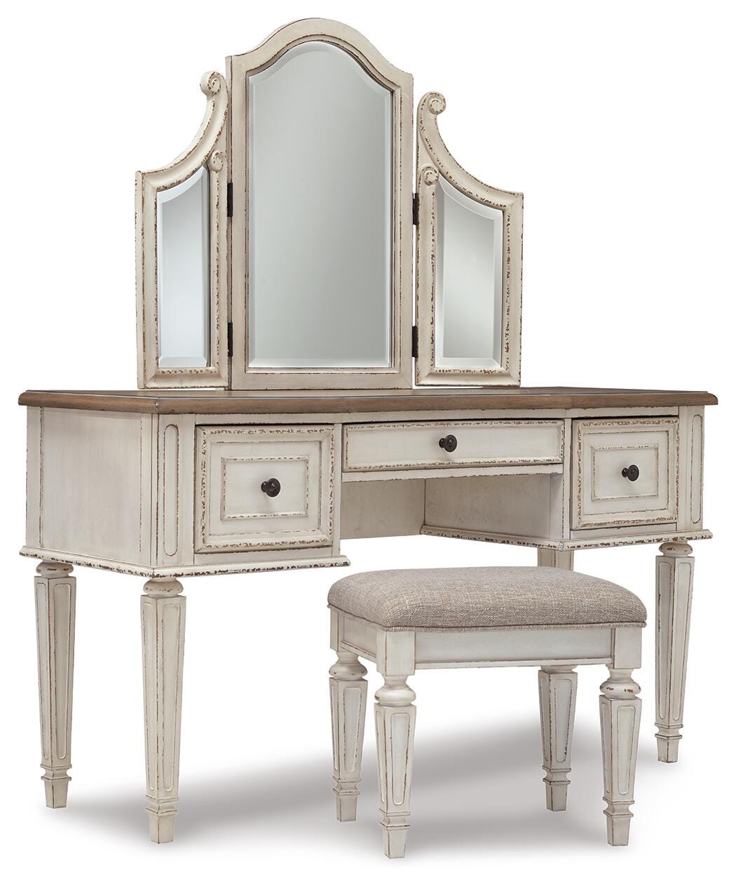 Realyn King Storage Bed, Dresser, Mirror, Chest, Vanity with Stool and 2 Nightstands