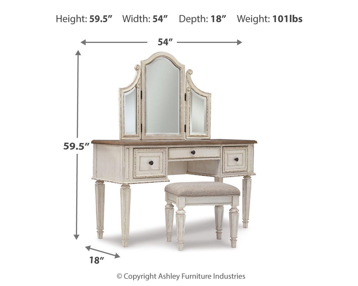 Realyn King Storage Bed, Dresser, Mirror, Chest, Vanity with Stool and 2 Nightstands