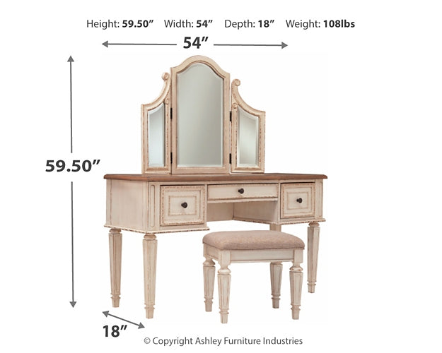 Realyn King Panel Bed, Dresser, Mirror, Chest, Vanity and Nightstand