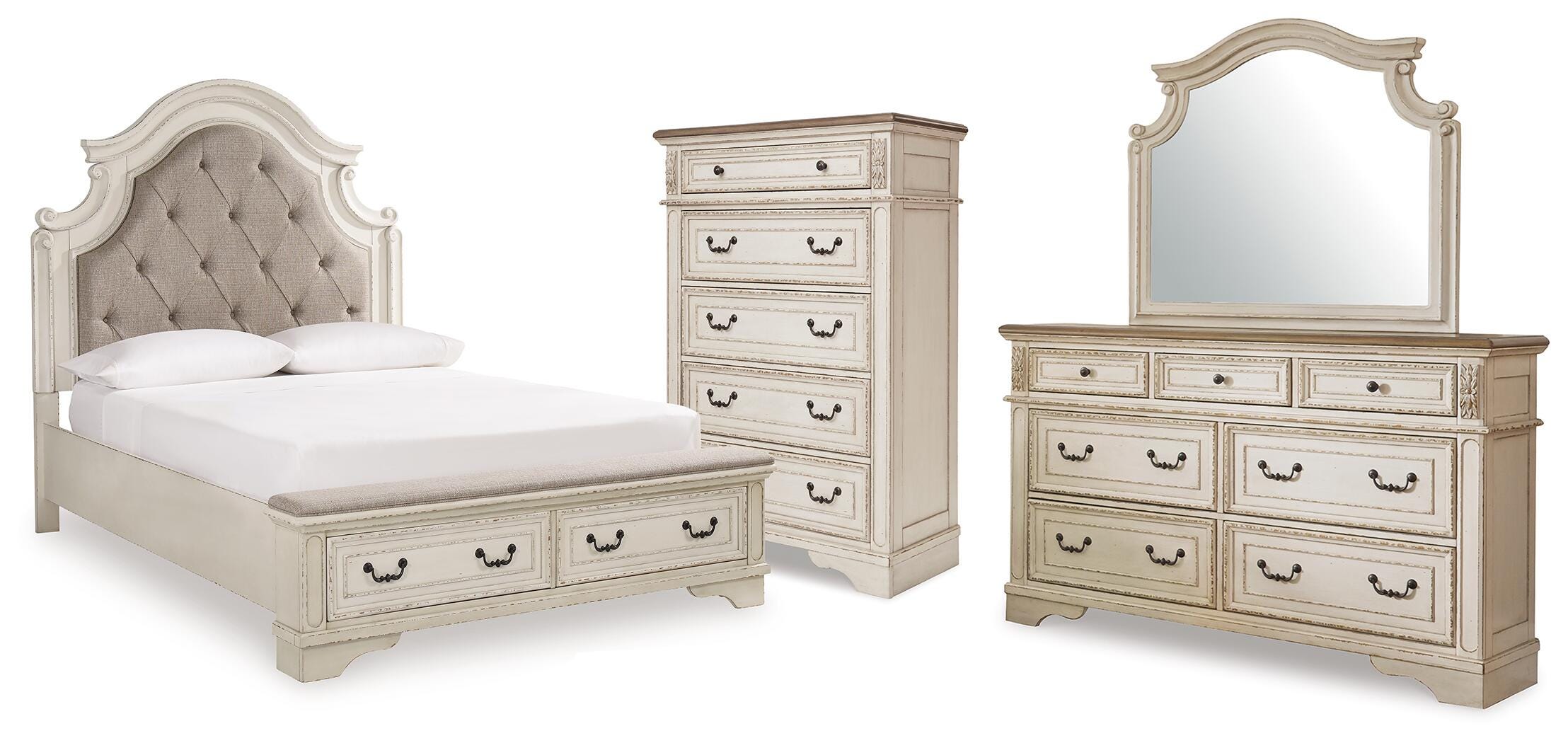 Realyn Queen Upholstered Panel Bed, Dresser, Mirror and Chest