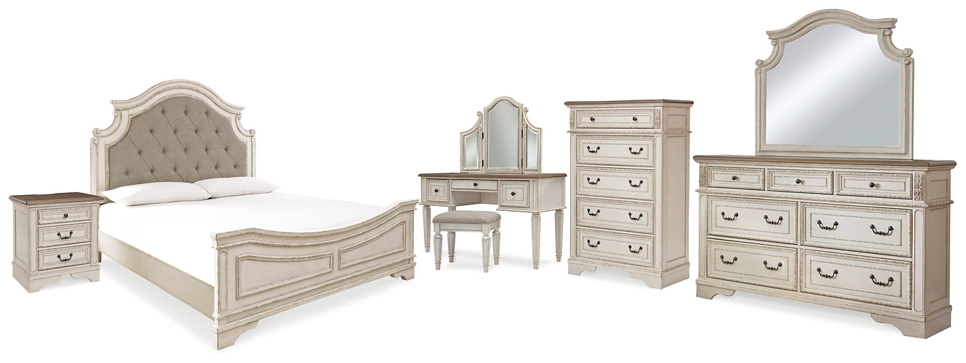 Realyn King Panel Bed, Dresser, Mirror, Chest, Vanity and Nightstand