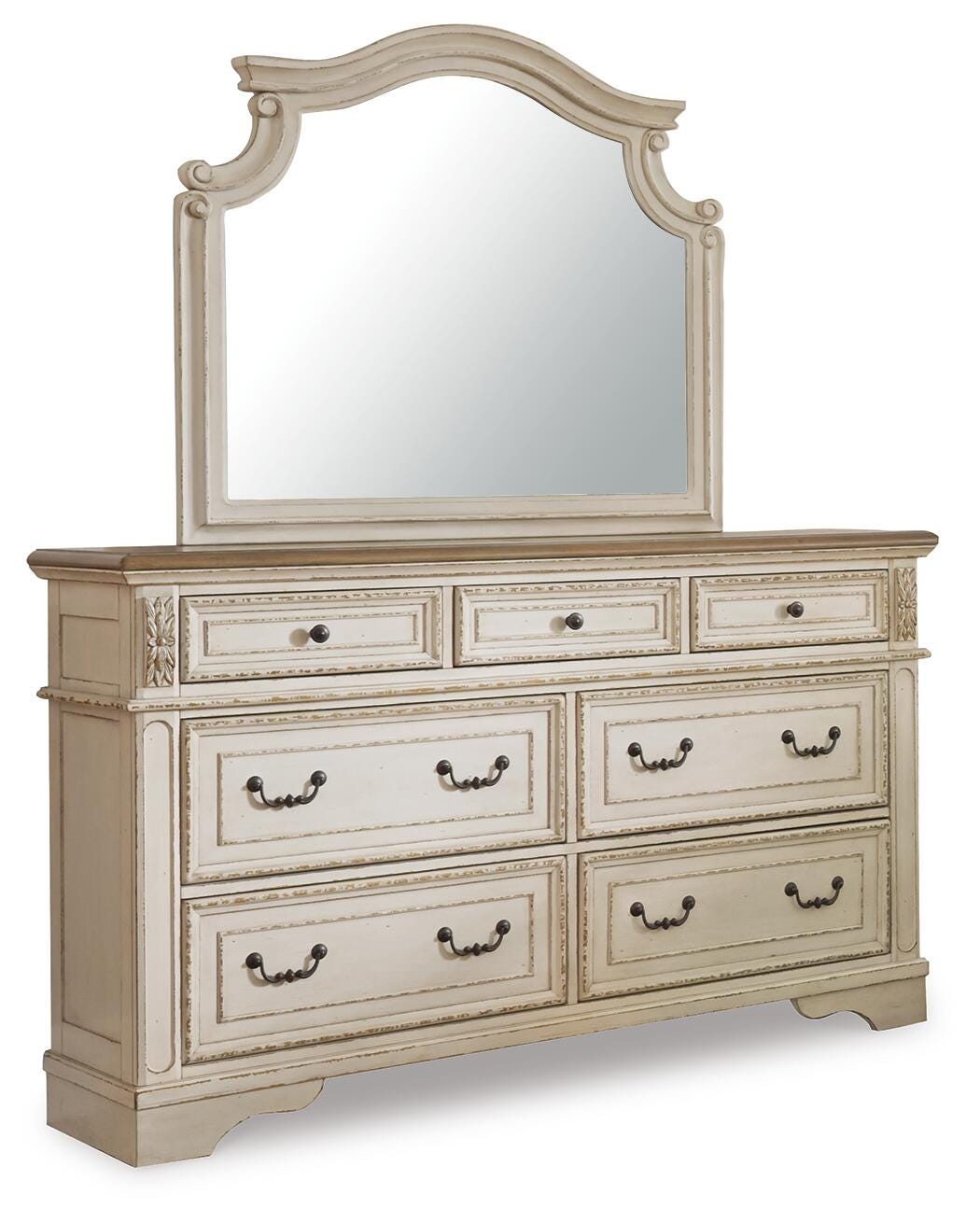 Realyn Queen Upholstered Panel Bed, Dresser, Mirror and Chest