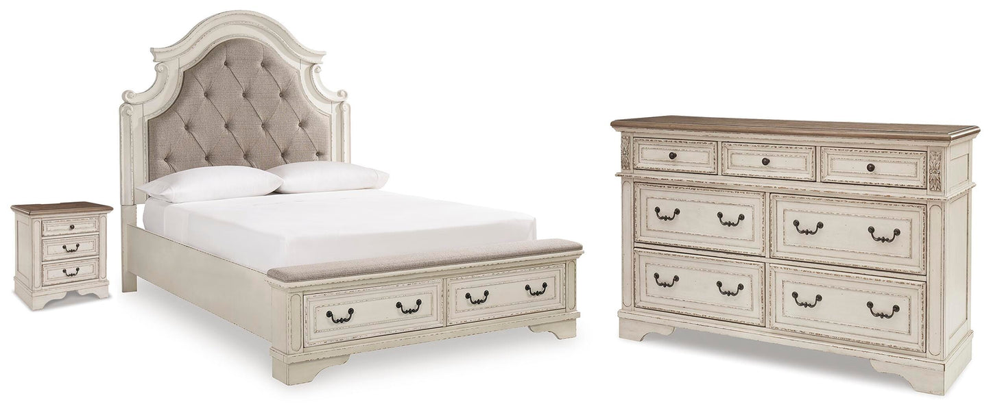 Realyn Queen Upholstered Storage Bed, Dresser and Nightstand