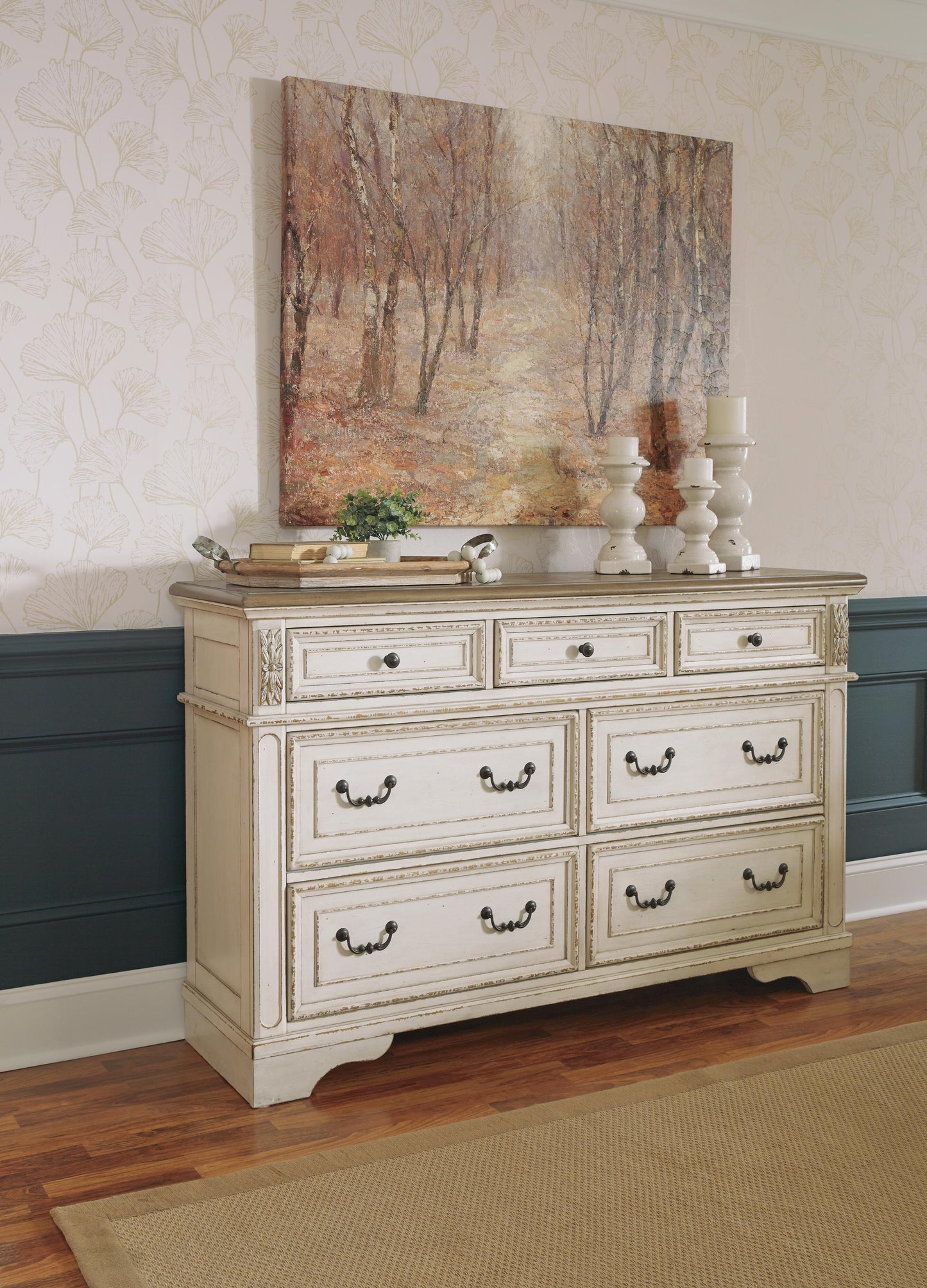Realyn Queen Upholstered Storage Bed, Dresser and Nightstand