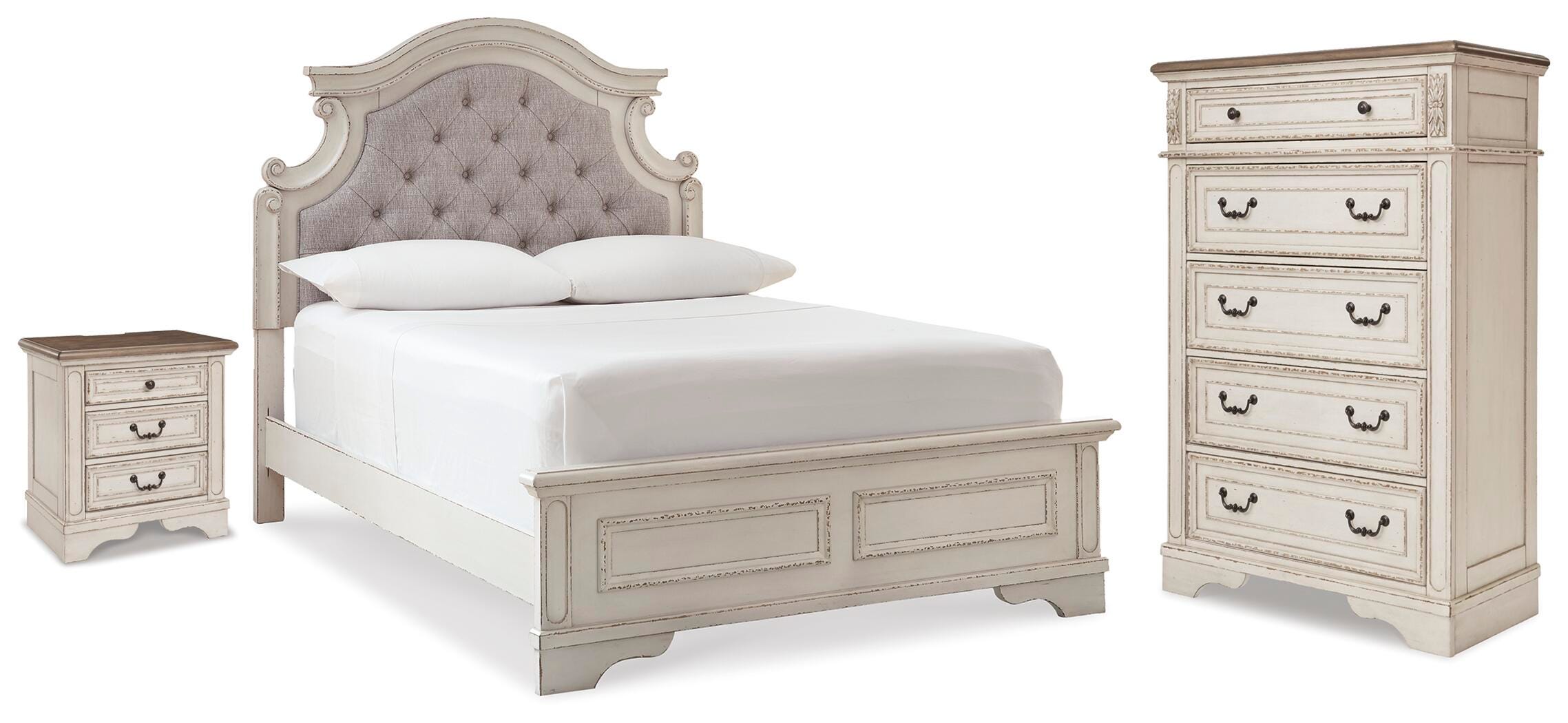 Realyn Full Upholstered Panel Bed, Chest and Nightstand
