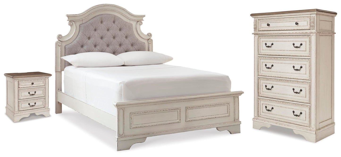 Realyn Full Upholstered Panel Bed, Chest and Nightstand