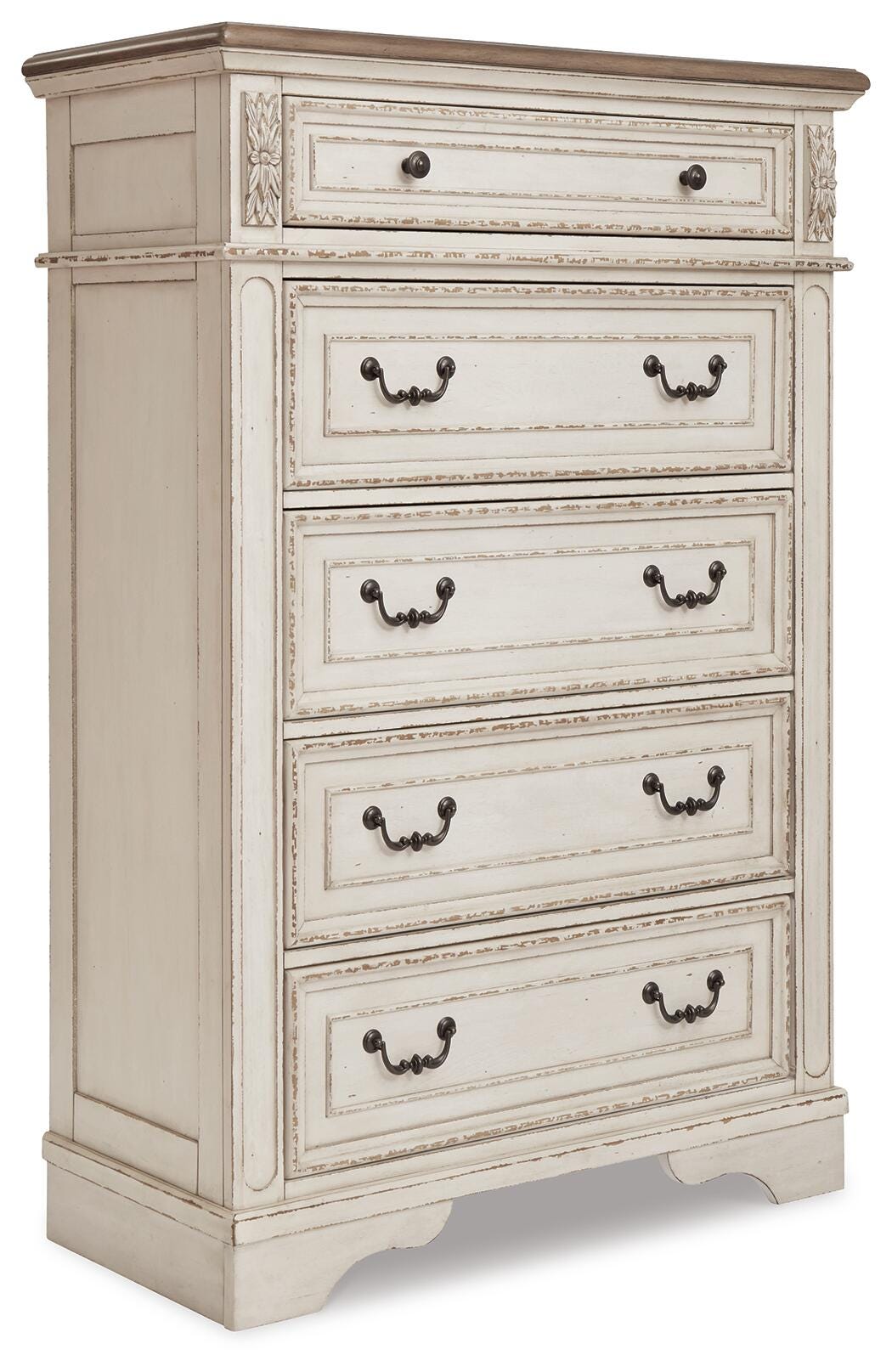 Realyn Queen Upholstered Panel Bed, Dresser, Mirror and Chest