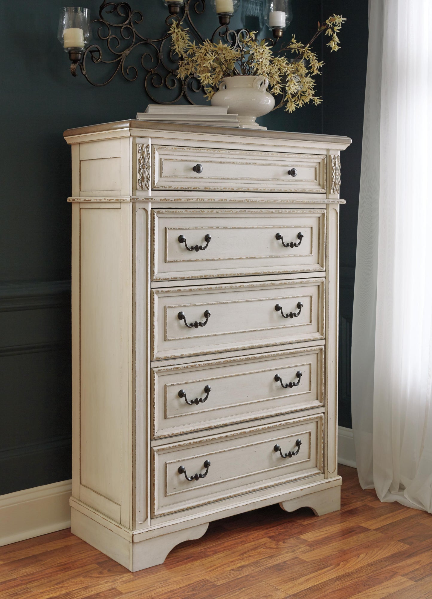 Realyn Full Upholstered Panel Bed, Chest and Nightstand