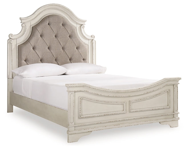 Realyn Queen Upholstered Panel Bed, Dresser, Mirror, Chest and 2 Nightstands