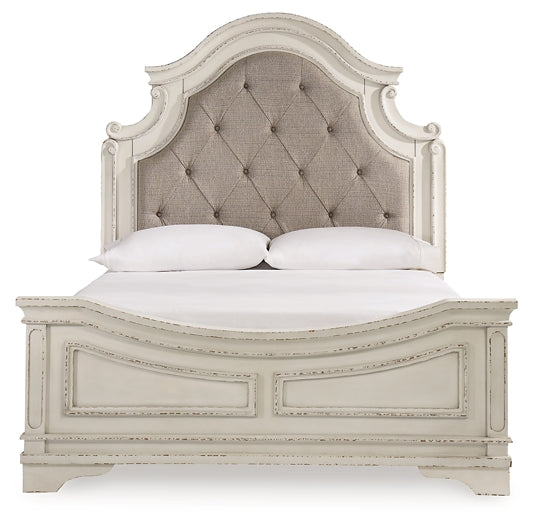 Realyn Queen Upholstered Panel Bed, Dresser, Mirror, Chest and 2 Nightstands