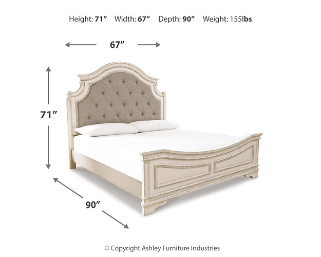 Realyn Queen Upholstered Panel Bed, Dresser, Mirror, Chest and 2 Nightstands