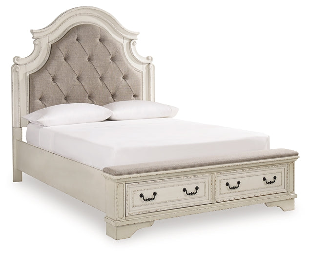 Realyn Queen Upholstered Panel Bed with Storage, Dresser and Nightstand