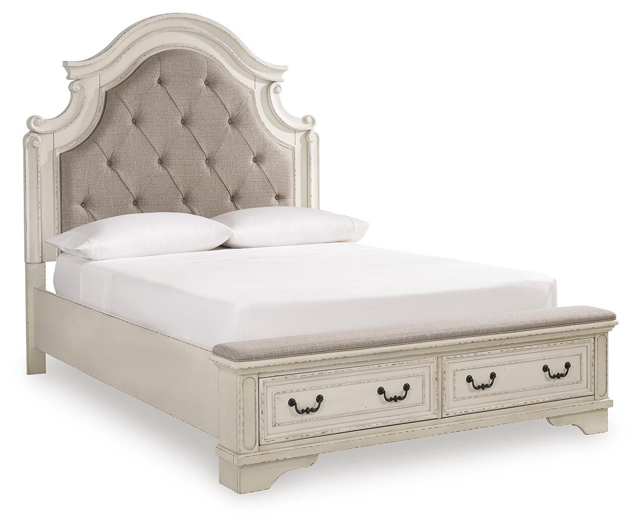 Realyn Queen Upholstered Panel Bed, Dresser, Mirror and Chest