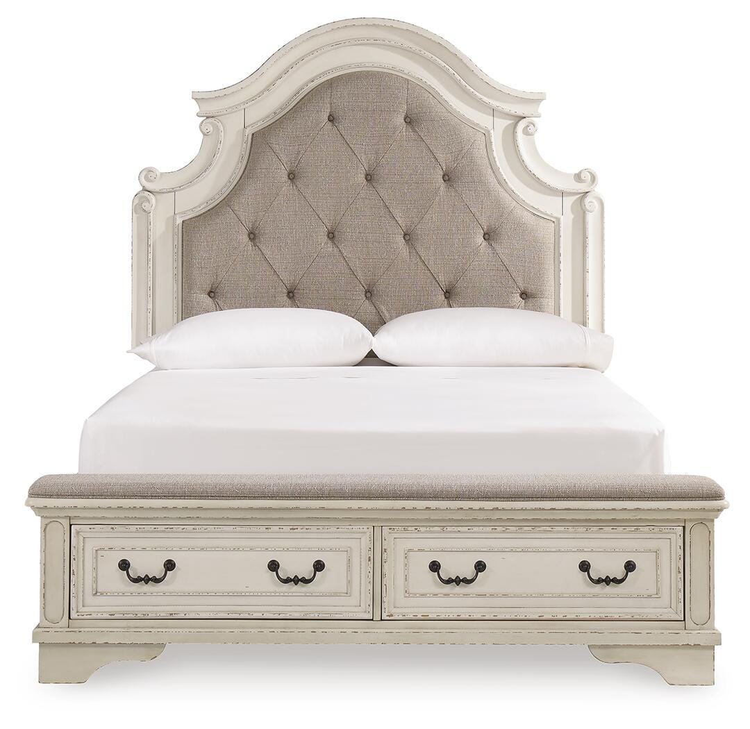 Realyn Queen Upholstered Storage Bed, Dresser and Nightstand