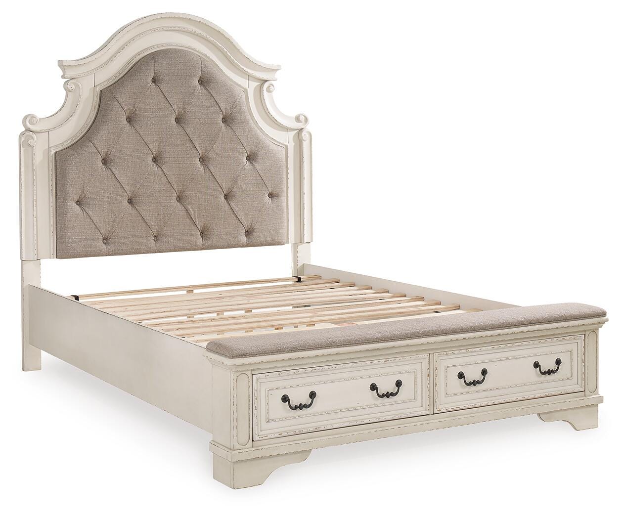 Realyn Queen Upholstered Panel Bed, Dresser, Mirror and Chest
