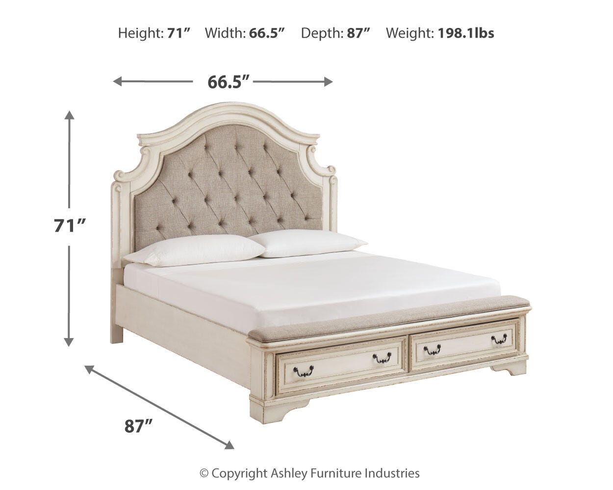 Realyn Queen Upholstered Storage Bed, Dresser and Nightstand