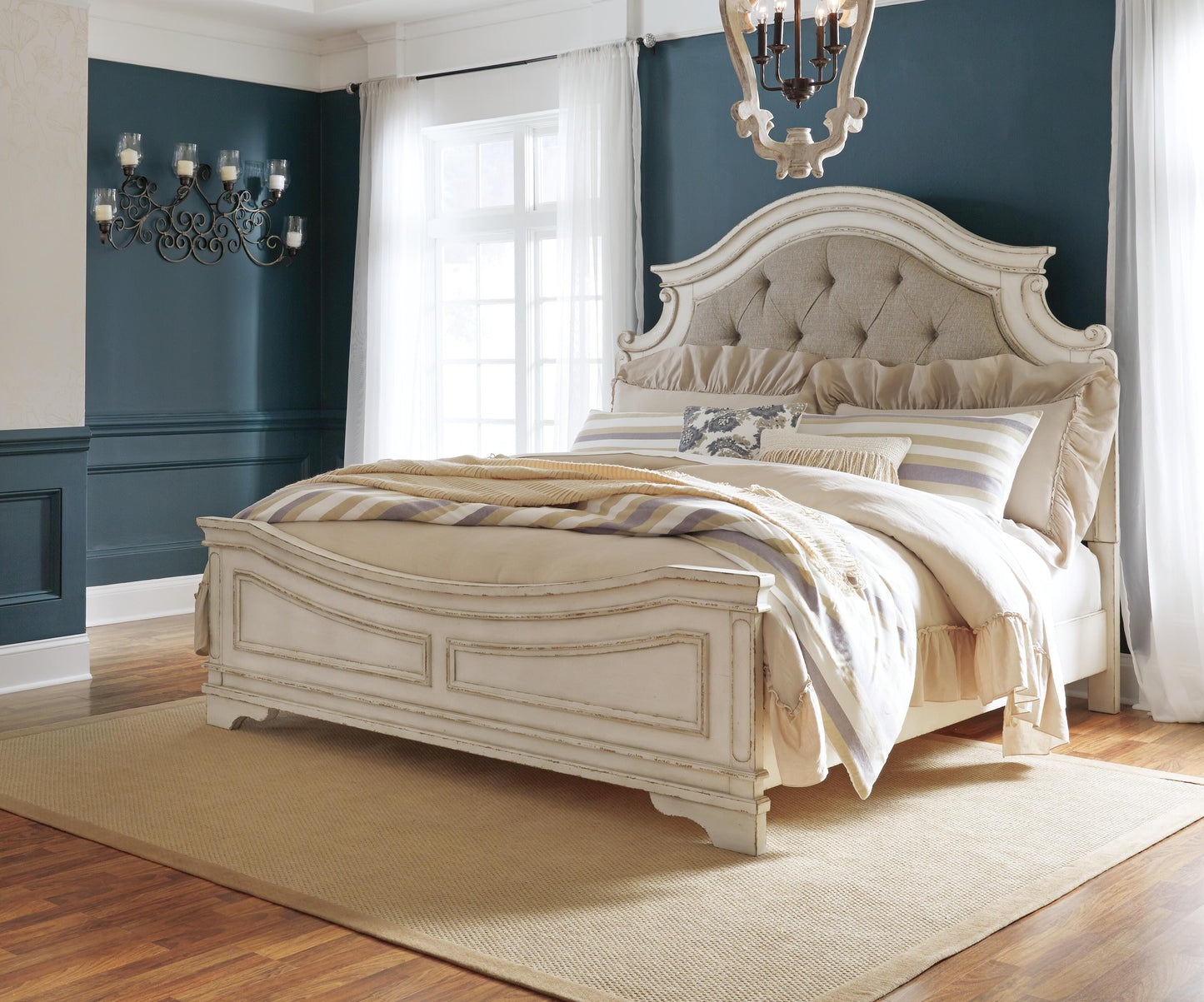 Realyn King Upholstered Panel Bed, Chest and 2 Nightstands