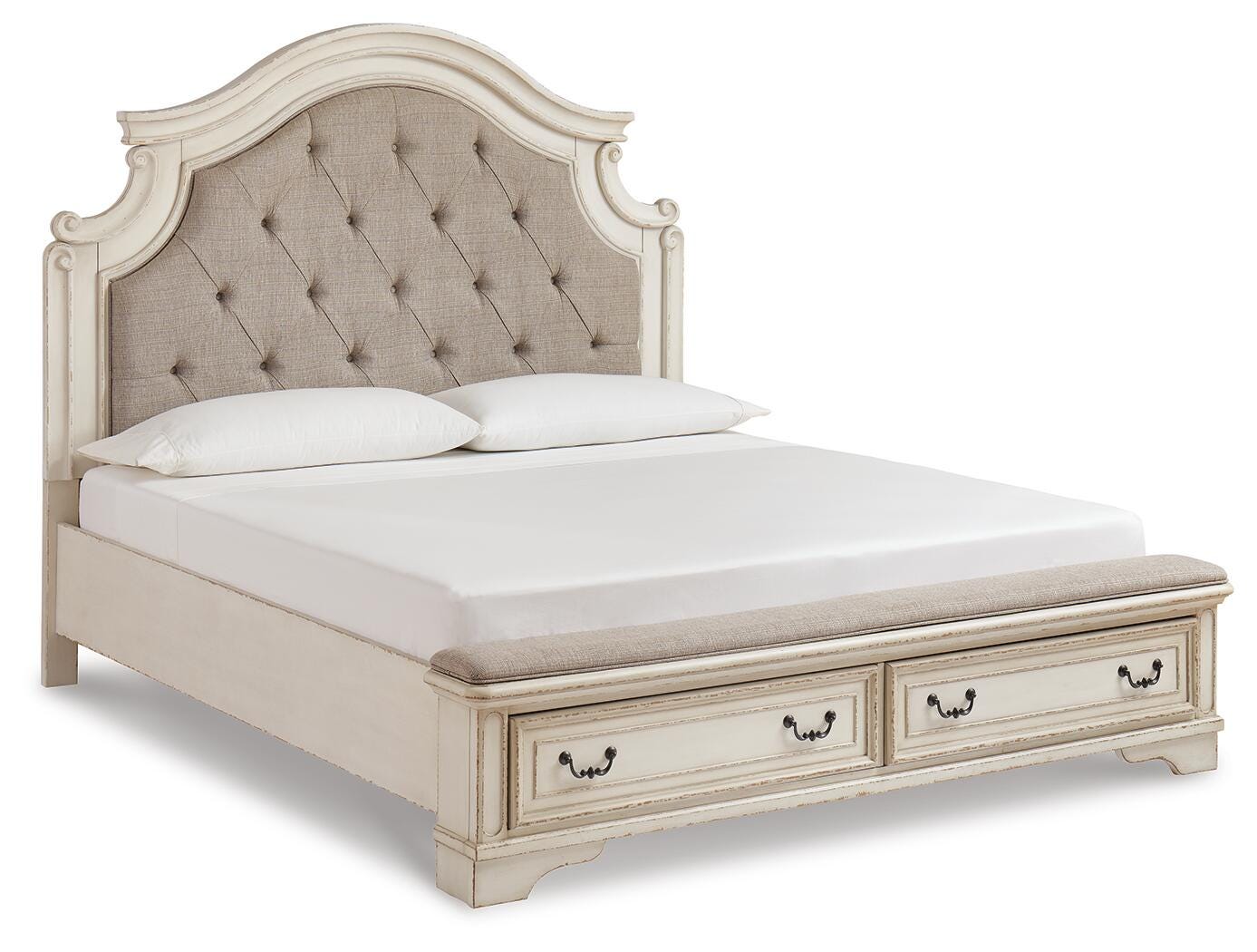 Realyn King Storage Bed, Dresser, Mirror, Chest, Vanity with Stool and 2 Nightstands
