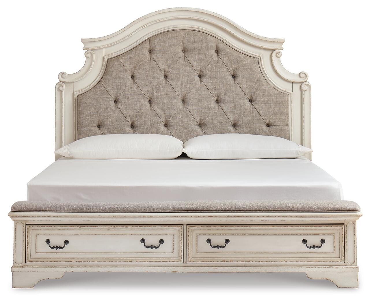 Realyn King Storage Bed, Dresser, Mirror, Chest, Vanity with Stool and 2 Nightstands