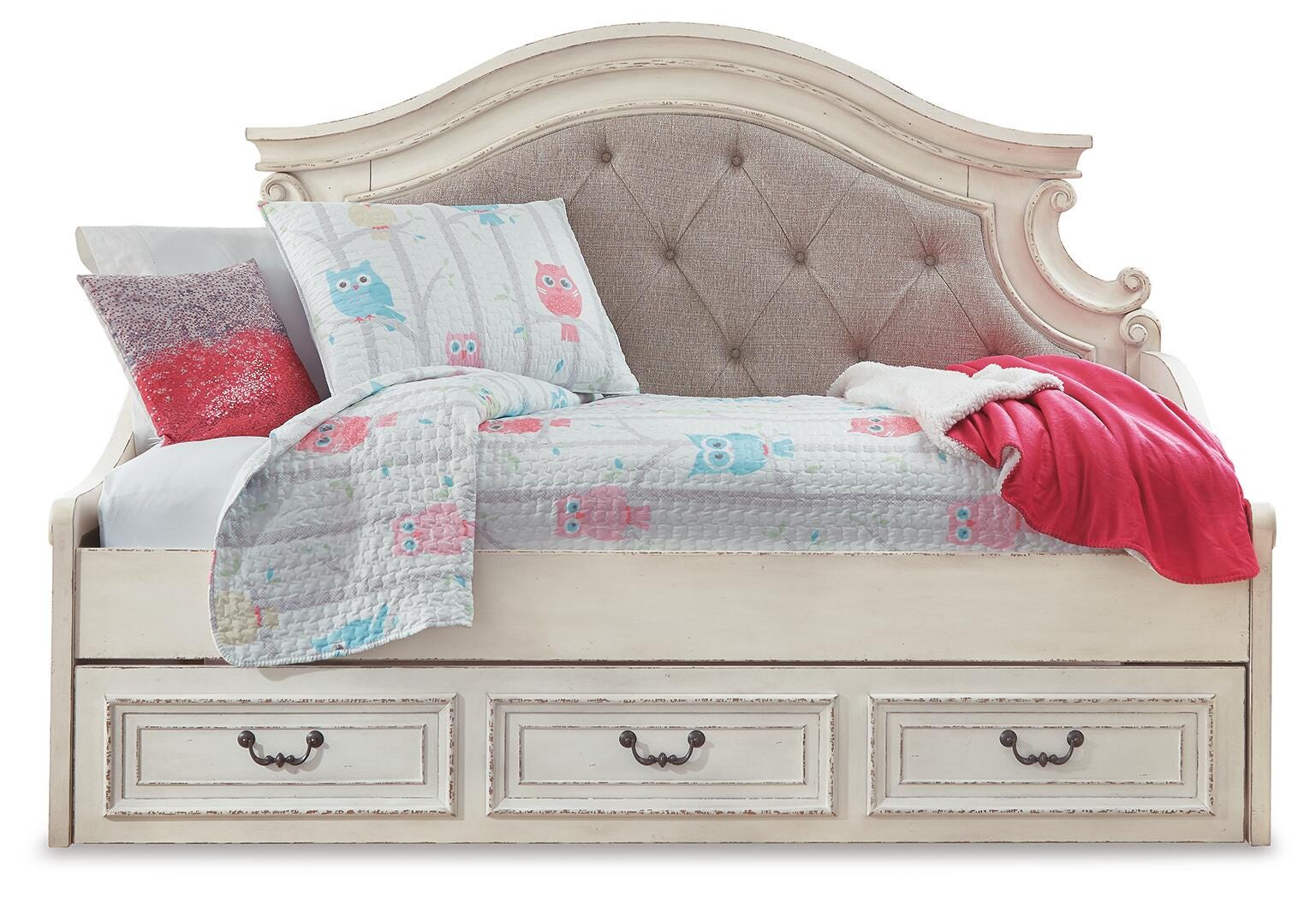 Realyn Twin Day Bed with Storage, Dresser, Mirror and Nightstand