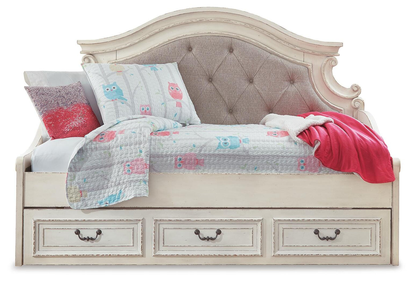 Realyn Twin Day Bed with Storage, Dresser, Mirror and Nightstand