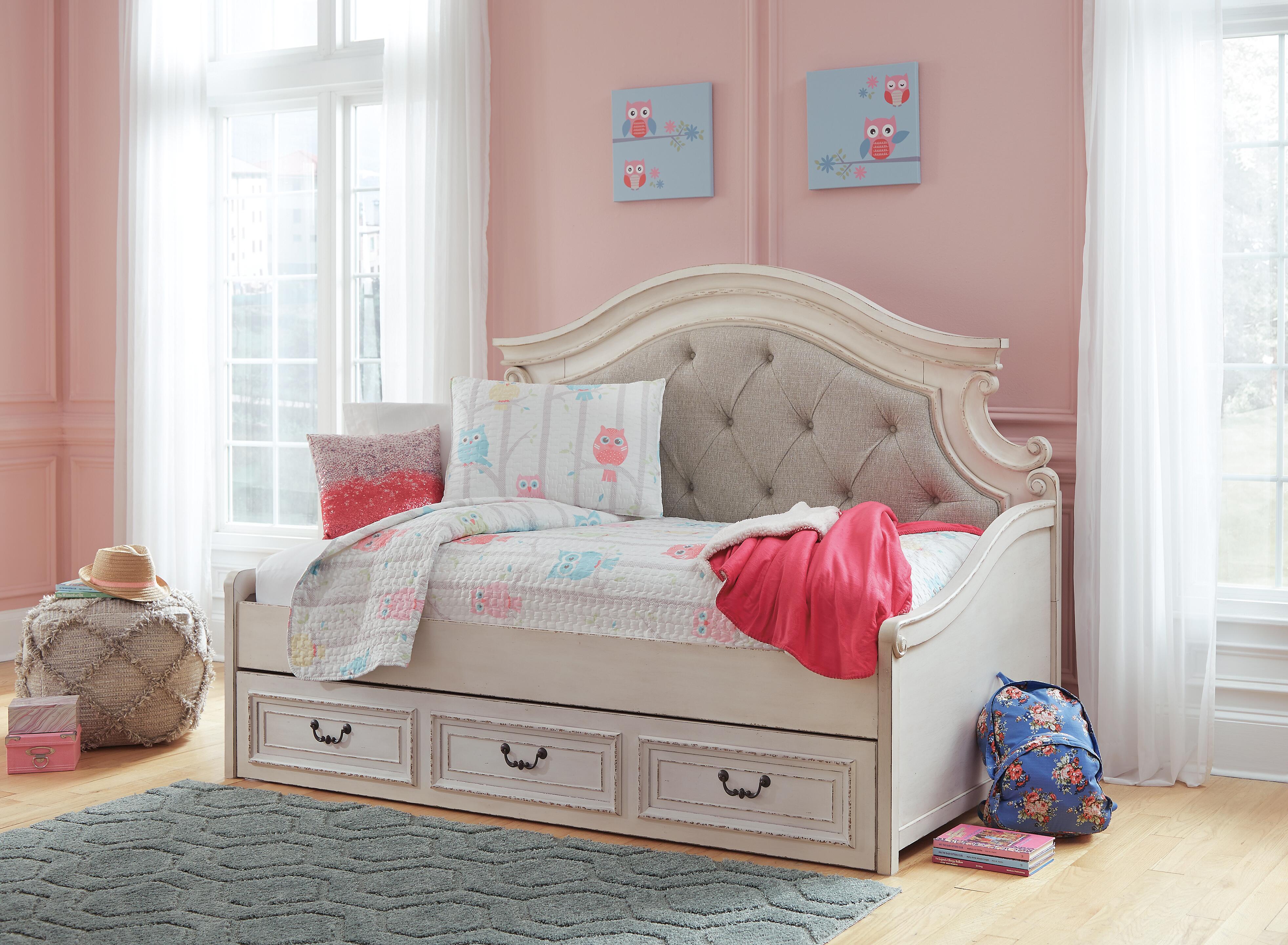 Realyn Twin Day Bed with Storage, Dresser, Mirror and Nightstand