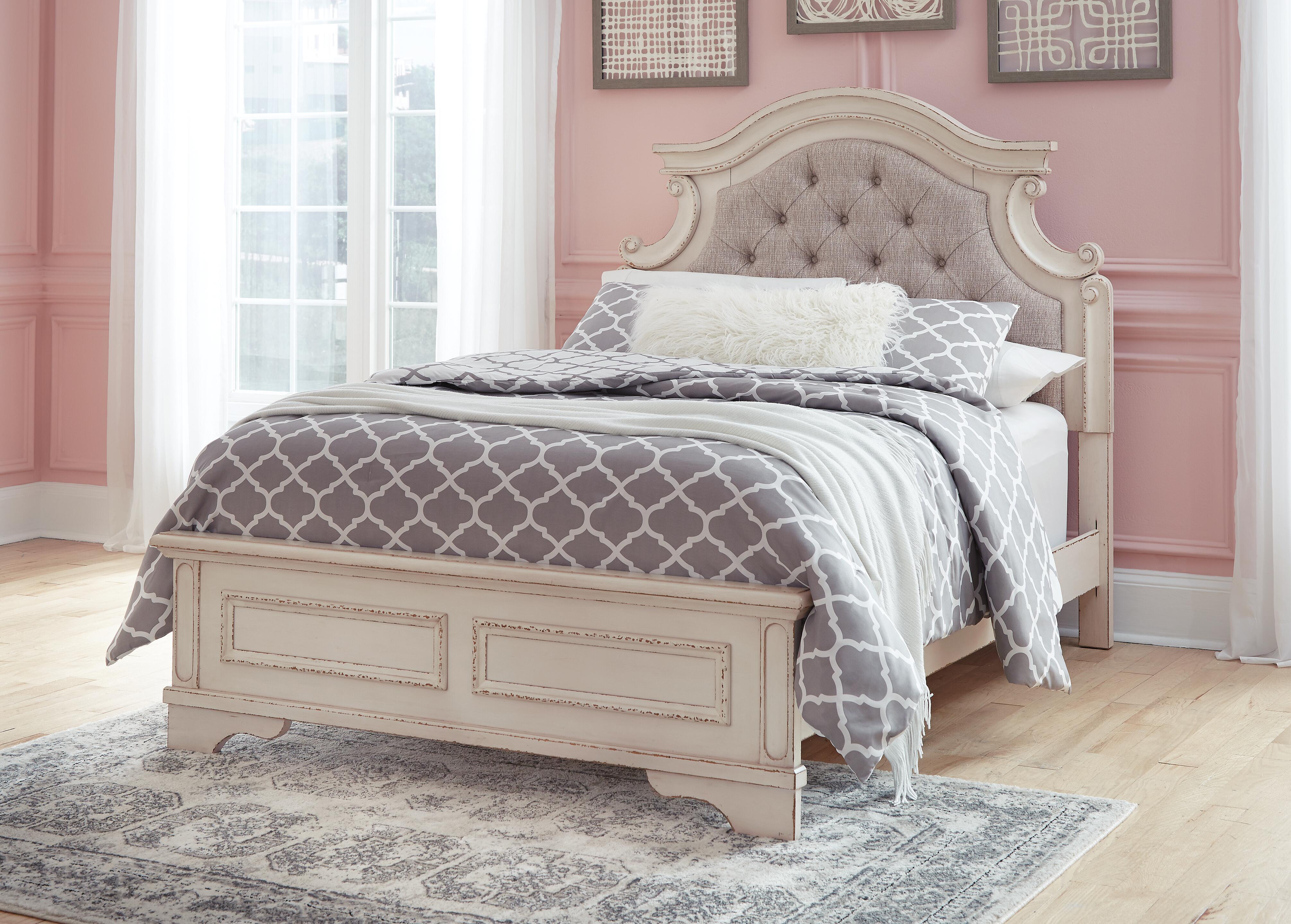 Realyn Full Upholstered Panel Bed, Chest and Nightstand