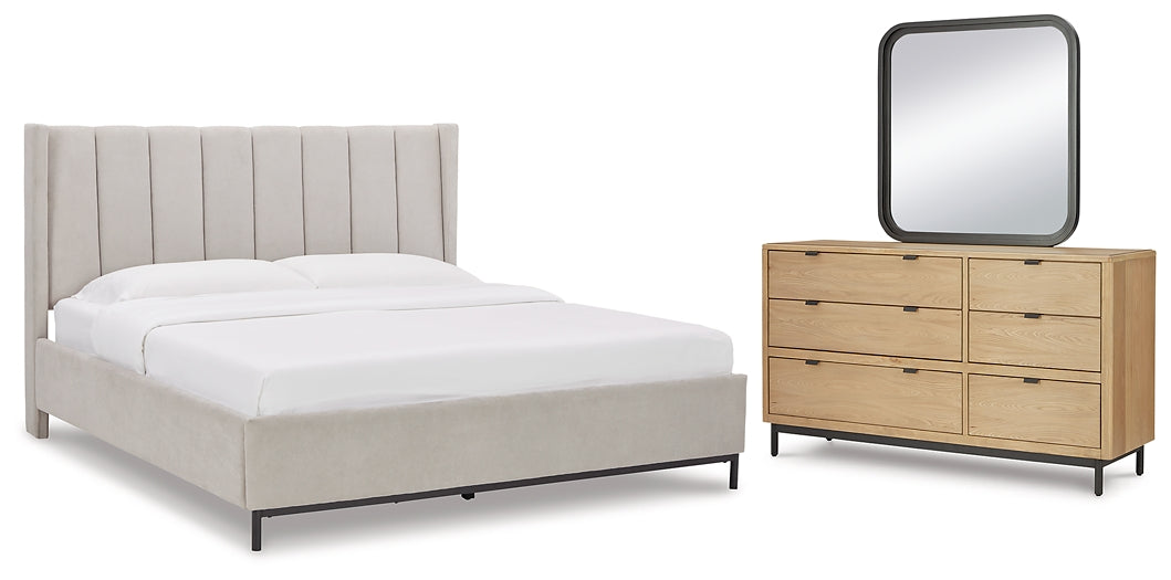 Freslowe Queen Upholstered Bed, Dresser and Mirror