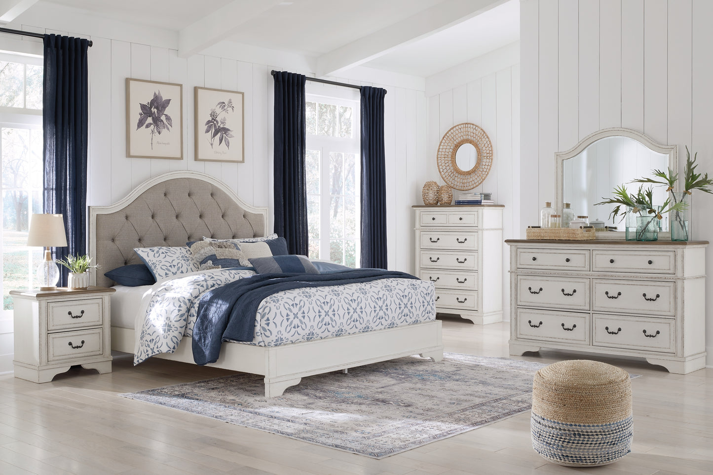 Brollyn King Upholstered Panel Bed, Dresser, Mirror and Nightstand