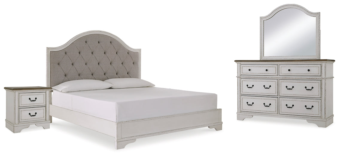 Brollyn King Upholstered Panel Bed, Dresser, Mirror and Nightstand