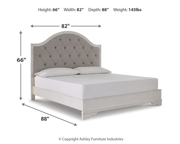 Brollyn King Upholstered Panel Bed, Dresser, Mirror and Nightstand