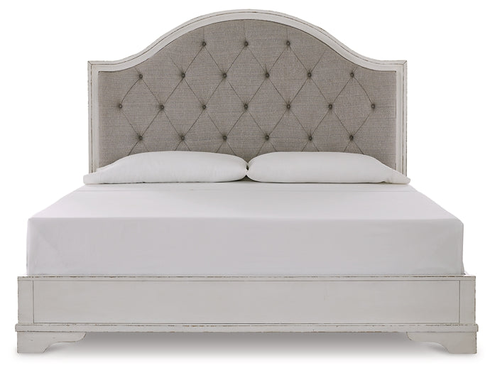 Brollyn King Upholstered Panel Bed, Dresser, Mirror and Nightstand