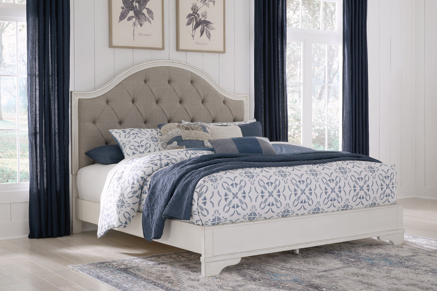 Brollyn King Upholstered Panel Bed, Dresser, Mirror and Nightstand