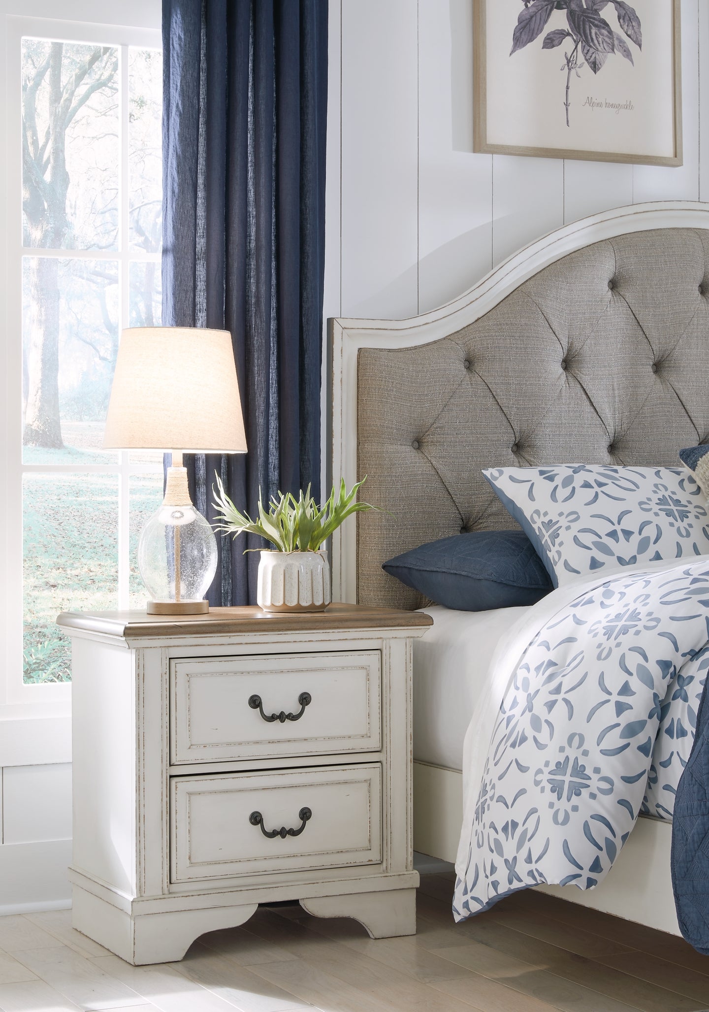 Brollyn King Upholstered Panel Bed, Dresser, Mirror and Nightstand