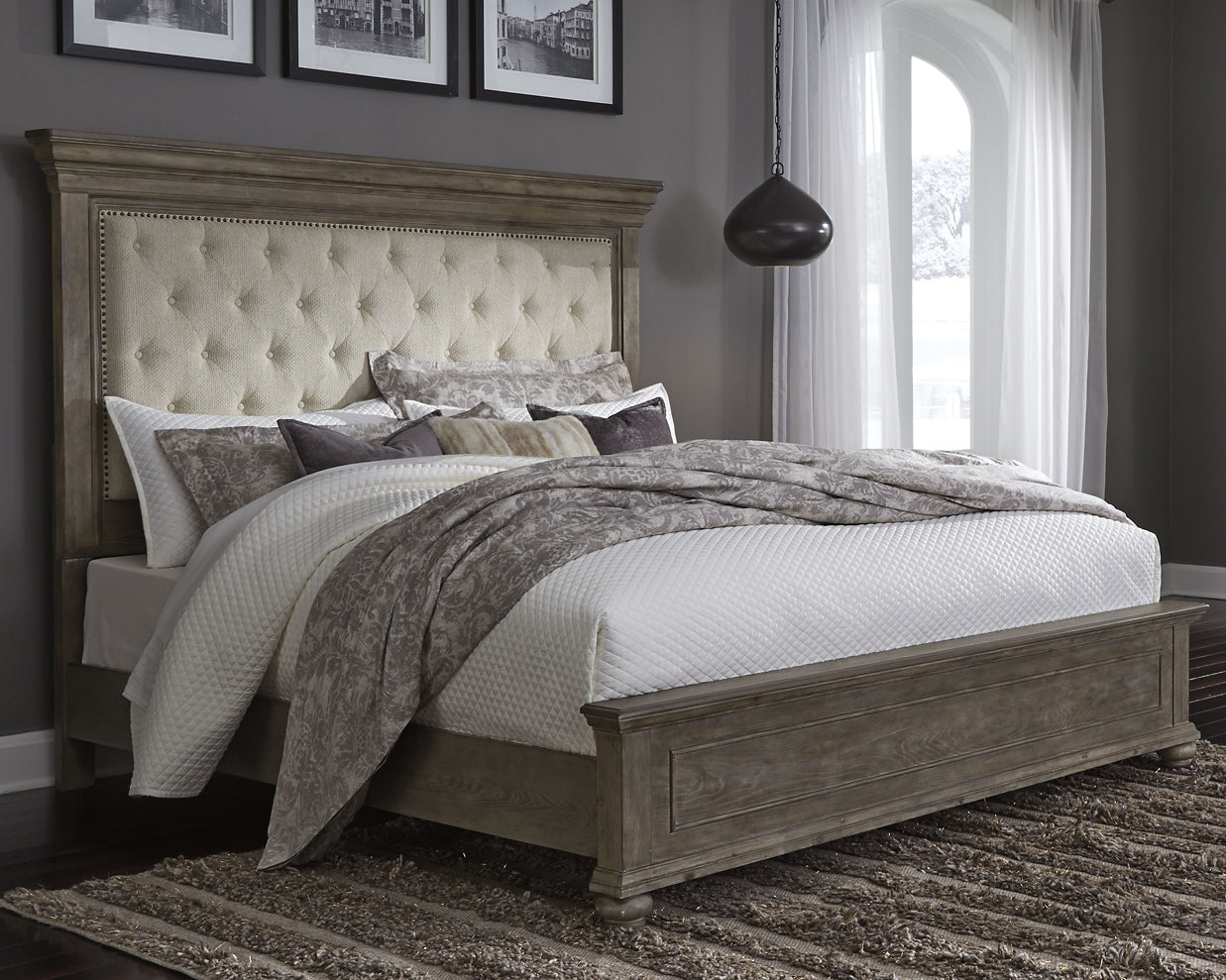 Johnelle California King Upholstered Bed, Dresser and Mirror