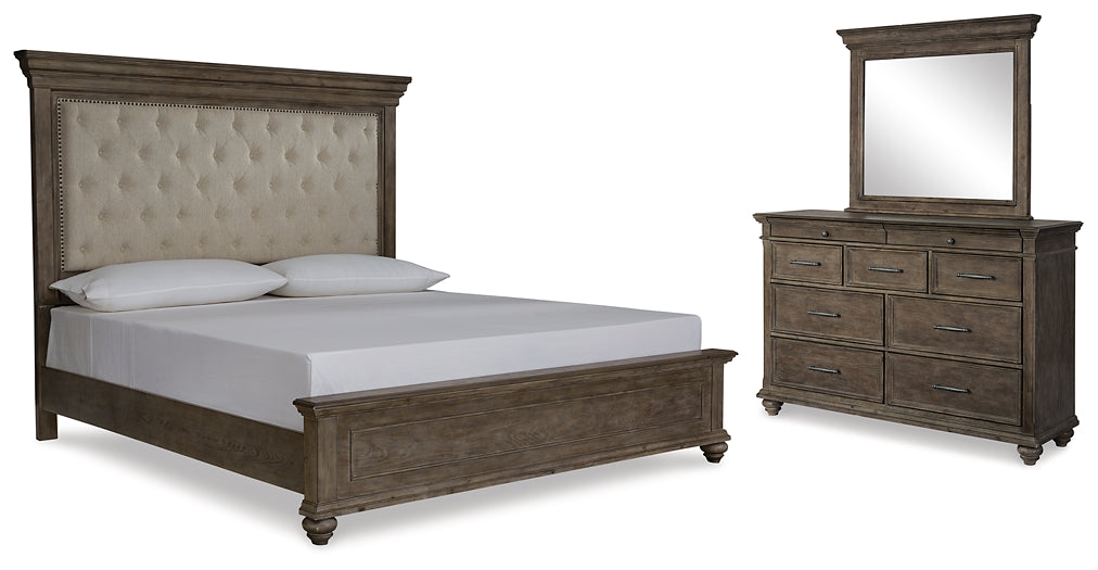 Johnelle California King Upholstered Bed, Dresser and Mirror