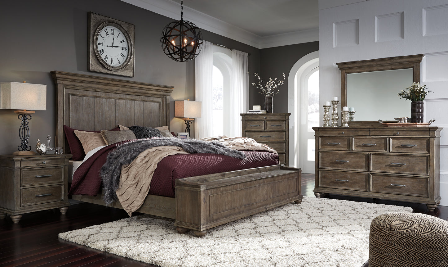 Johnelle California King Panel Bed with Storage, Dresser and Mirror