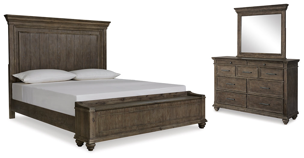 Johnelle King Panel Bed with Storage, Dresser and Mirror