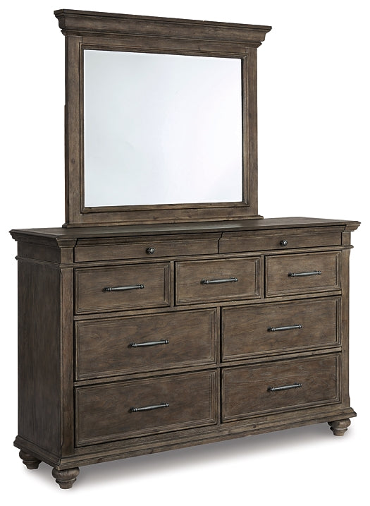 Johnelle California King Panel Bed with Storage, Dresser and Mirror