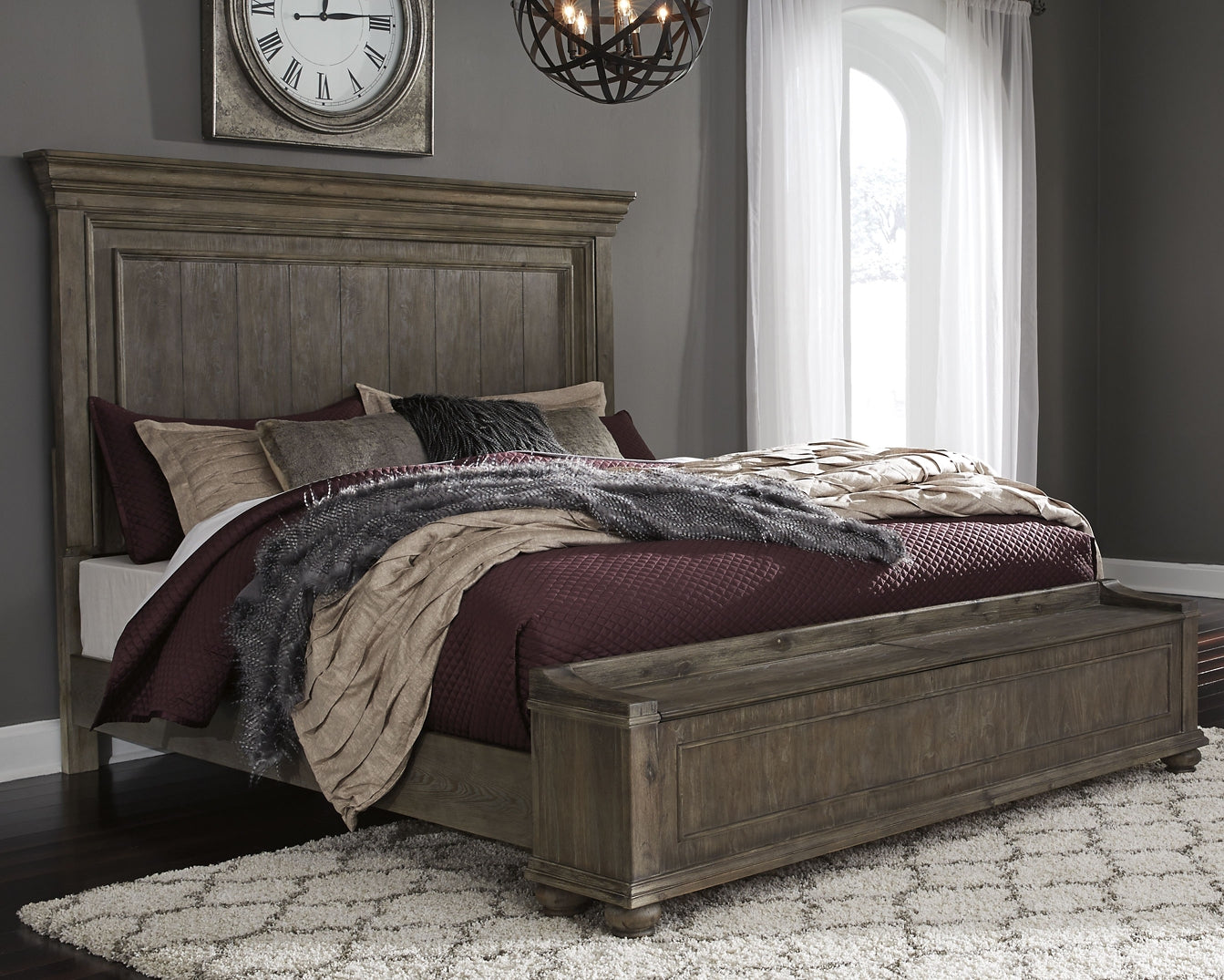 Johnelle California King Panel Bed with Storage, Dresser and Mirror