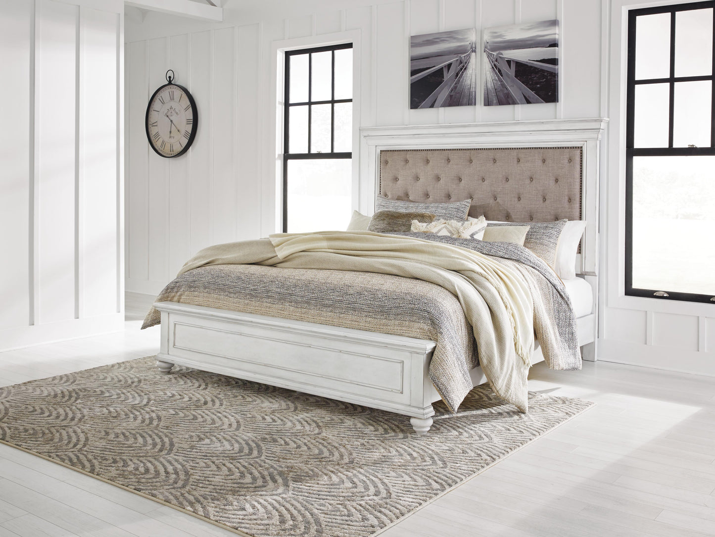 Kanwyn King Upholstered Panel Bed, Dresser and Mirror