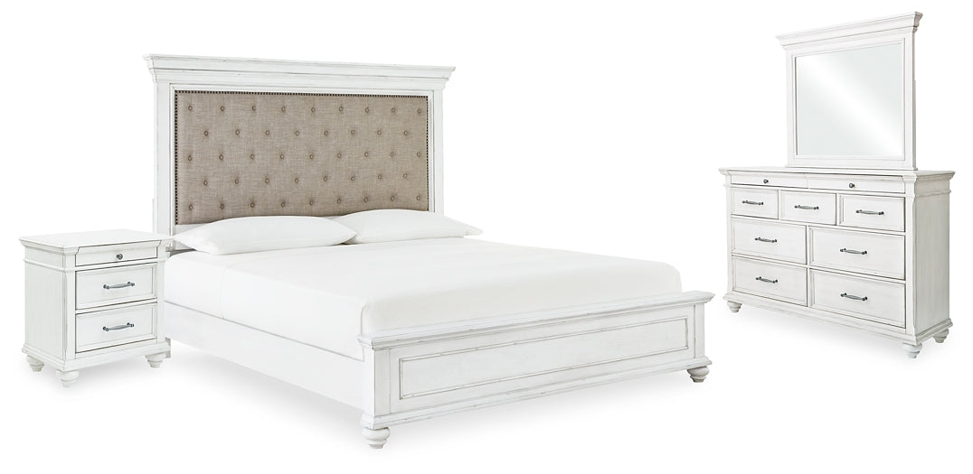Kanwyn Queen Upholstered Panel Bed, Dresser, Mirror, and Nightstand