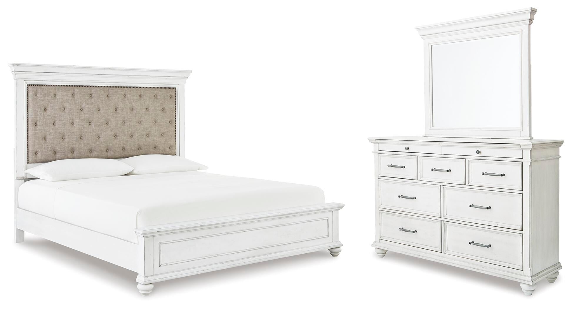 Kanwyn King Upholstered Panel Bed, Dresser and Mirror