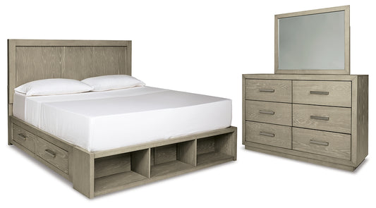 Fawnburg King Panel Bed with Storage, Dresser and Mirror