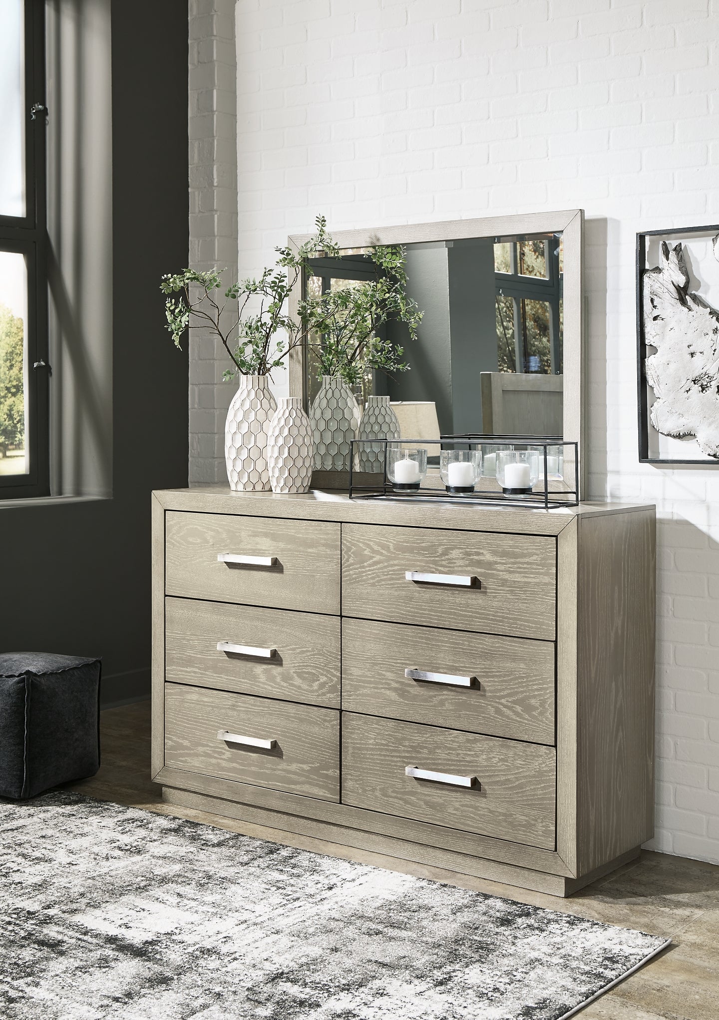 Fawnburg King Upholstered Bed, Dresser and Mirror