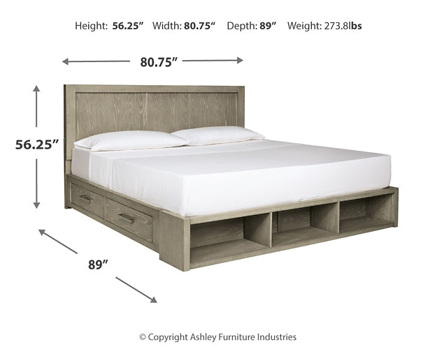 Fawnburg California King Panel Bed with Storage, Dresser and Mirror