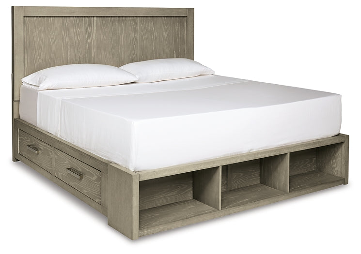 Fawnburg King Panel Bed with Storage, Dresser and Mirror