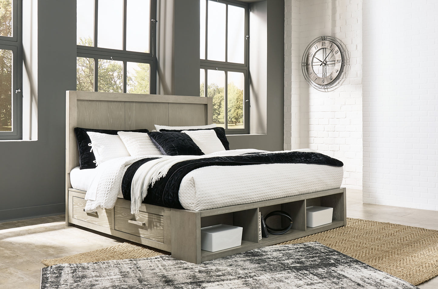 Fawnburg King Panel Bed with Storage, Dresser and Mirror