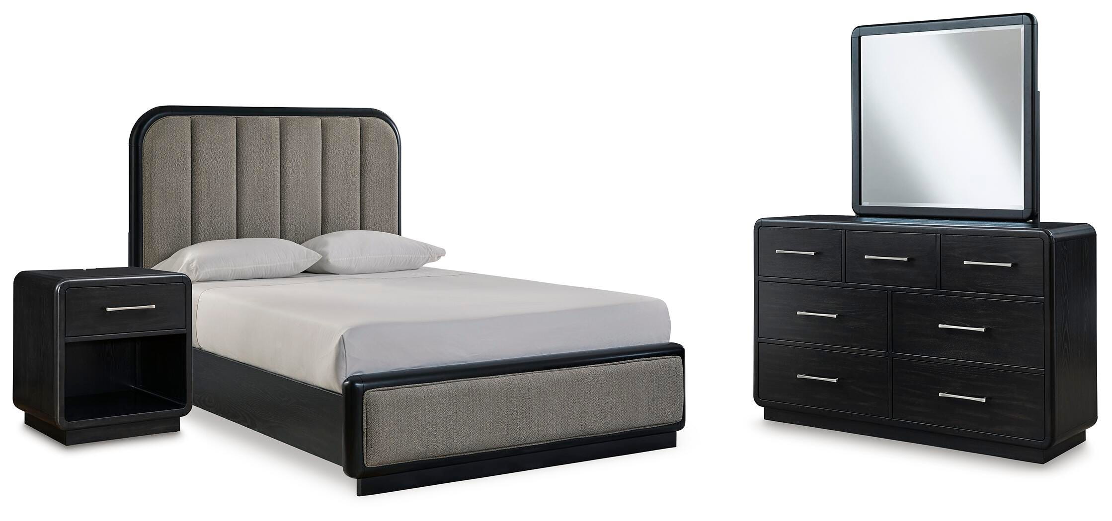Rowanbeck Queen Upholstered Bed, Dresser, Mirror and Nightstand Signature Design by Ashley® Bedroom