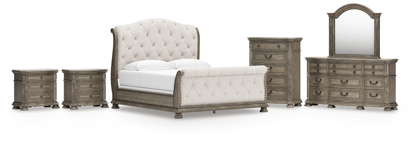 Ardenfield King Upholstered Sleigh Bed, Dresser, Mirror, Chest and 2 Nightstands